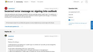 Incorrect error message re: signing into outlook - Microsoft Community