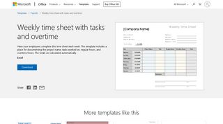 Weekly time sheet with tasks and overtime - Office templates & themes