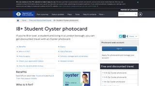 18+ Student Oyster photocard - Transport for London