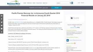 Pacific Premier Bancorp, Inc. to Announce Fourth Quarter 2018 ...