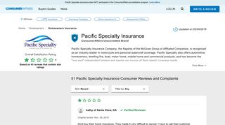 Top 51 Reviews and Complaints about Pacific Specialty Insurance