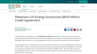 Patterson-UTI Energy Announces $600 Million Credit Agreement