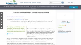Paychex Introduces Health Savings Account Product | Business Wire