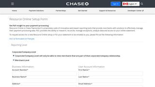 Resource Online Set Up Form - Chase Merchant Services Canada