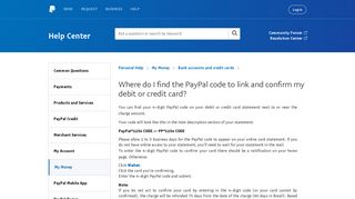 Where do I find the PayPal code to link and confirm my debit or credit ...