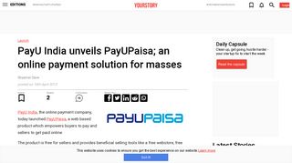 PayU India unveils PayUPaisa; an online payment solution for masses