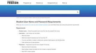 Student User Name and Password Requirements