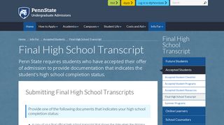 Final High School Transcript - Penn State Undergraduate Admissions