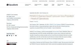 PENSCO Names David Foxhoven Vice President - Head of ...