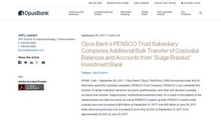 Opus Bank's PENSCO Trust Subsidiary Completes Bulk Transfer of ...