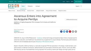 Ascensus Enters into Agreement to Acquire PenSys - PR Newswire