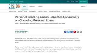 Personal Lending Group Educates Consumers on Choosing Personal ...