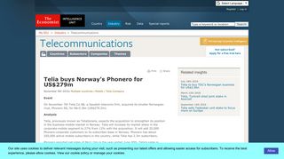 Telia buys Norway's Phonero for US$279m - Economist Intelligence Unit