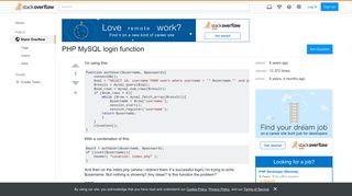 PHP MySQL login function - Stack Overflow