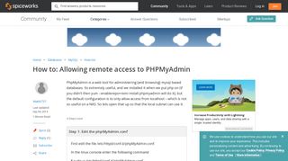 Allowing remote access to PHPMyAdmin - MySQL Forum - Spiceworks