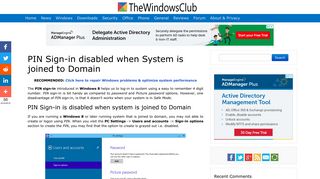 PIN Sign-in disabled when System is joined to Domain