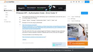 Pinterest API - Authorisation Code - Error Code '2' - Stack Overflow