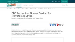 BBB Recognizes Pioneer Services for Marketplace Ethics