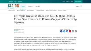 Entropia Universe Receives $2.5 Million Dollars From One Investor in ...