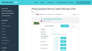 Plenty Jackpots Bonus Codes January 2019 - GAMBLERSLAB.COM