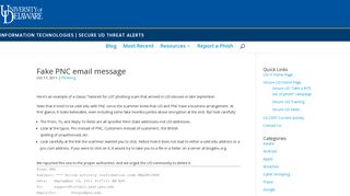 Fake PNC email message | Secure UD Threat Alerts - WordPress at UD