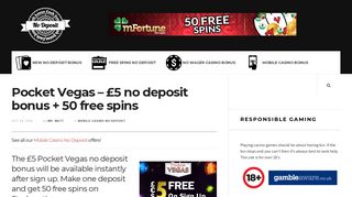 Pocket Vegas - £5 no deposit bonus + 50 free spins