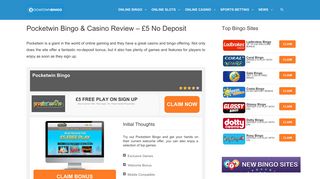 Pocketwin Bingo & Casino | Claim £5 No Deposit January 2019