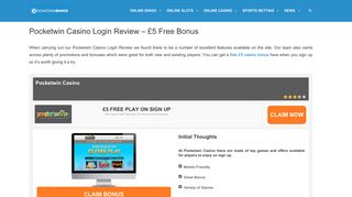Pocketwin Casino Login Review - £5 Free Bonus ... - Boomtown Bingo