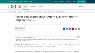 CNW | Porter celebrates Travel Agent Day with month-long contest