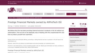 Prestige Financial Markets owned by AllProTech OÜ | FCA