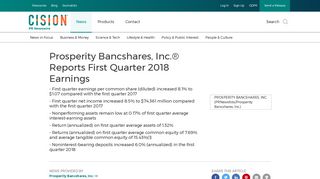 Prosperity Bancshares, Inc.® Reports First Quarter 2018 Earnings