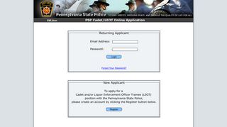 Cadet/LEOT Application Login Page - Pennsylvania State Police