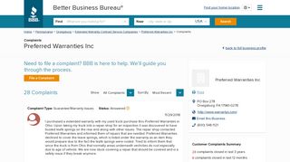 Preferred Warranties Inc | Complaints | Better Business Bureau® Profile