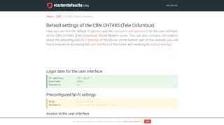 Default settings of the CBN CH7485 (Tele Columbus)