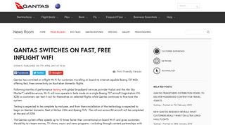 QANTAS SWITCHES ON FAST, FREE INFLIGHT WIFI