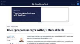 RACQ proposes merger with QT Mutual Bank - Sydney Morning Herald