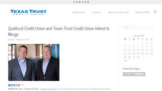 Qualtrust Credit Union and Texas Trust Credit Union Intend to Merge