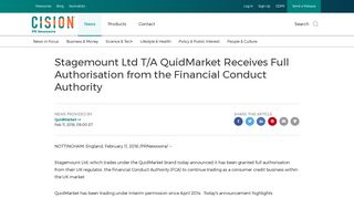 Stagemount Ltd T/A QuidMarket Receives Full Authorisation from the ...