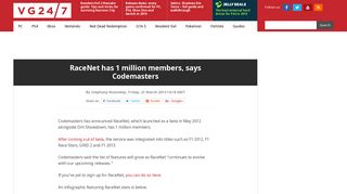 RaceNet has 1 million members, says Codemasters - VG247