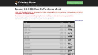 January 20, 2018 Meat Raffle signup sheet - VolunteerSignup