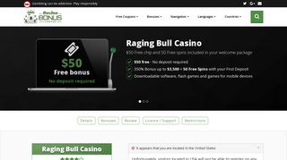 Raging Bull Casino - $50 Free chip plus 50 Free spins