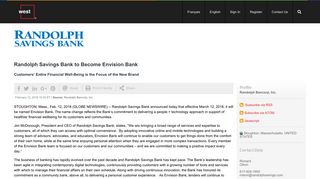 Randolph Savings Bank to Become Envision Bank Nasdaq:RNDB