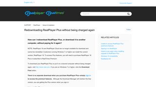 Redownloading RealPlayer Plus without being charged again - support