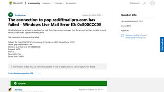 The connection to pop.rediffmailpro.com has failed - Windows Live ...