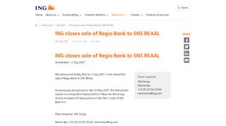 ING closes sale of Regio Bank to SNS REAAL | ING