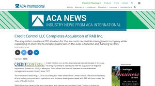 Credit Control LLC Completes Acquisition of RAB Inc. | ACA