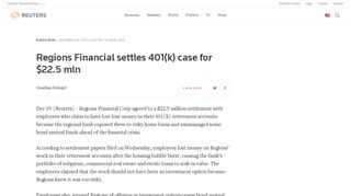 Regions Financial settles 401(k) case for $22.5 mln | Reuters