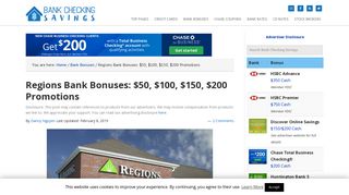 Regions Bank Bonuses: $50, $100, $150, $200 Promotions