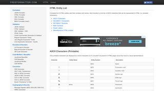 Complete list of HTML entities - FreeFormatter.com