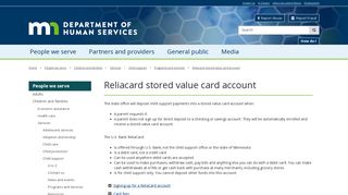 Reliacard stored value card account / Minnesota Department of ...